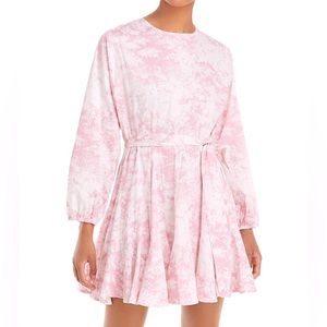 WAYF Altonia Swing Poplin Dress Pink Jungle Women’s S Belted Ruffle Long Sleeve